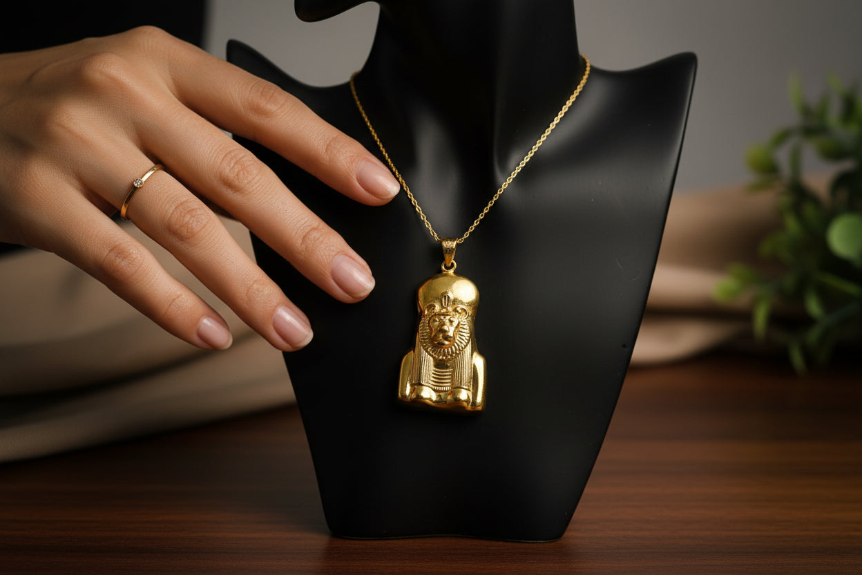 Gold Sekhmet Pendant, Egyptian Revival Lion Goddess Necklace