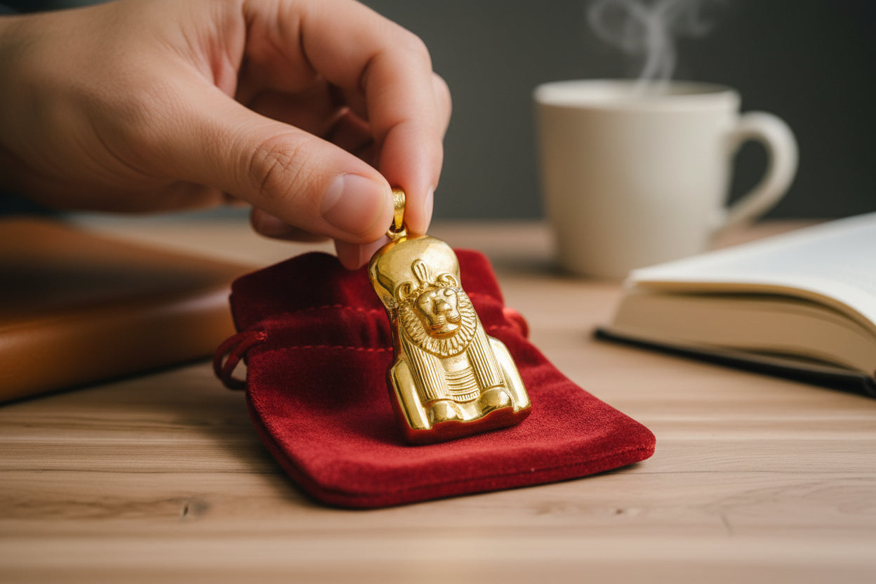 Gold Sekhmet Pendant, Egyptian Revival Lion Goddess Necklace