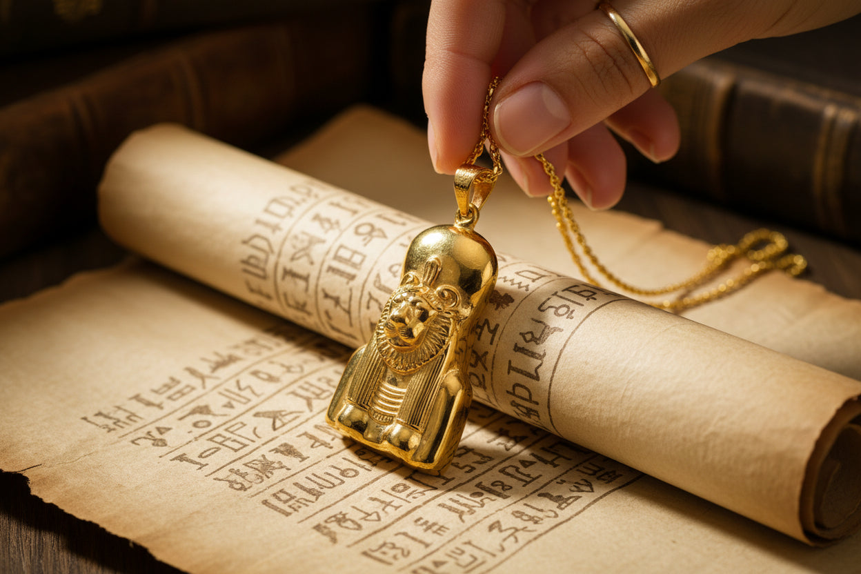 Gold Sekhmet Pendant, Egyptian Revival Lion Goddess Necklace