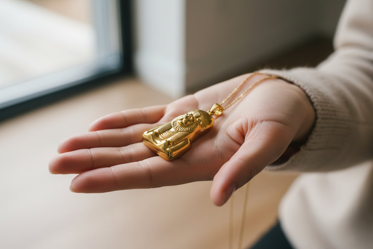 Gold Sekhmet Pendant, Egyptian Revival Lion Goddess Necklace
