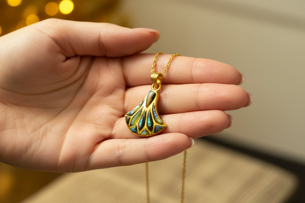Gold Lotus Flower Abalone Pendant, Egyptian Lily Necklace