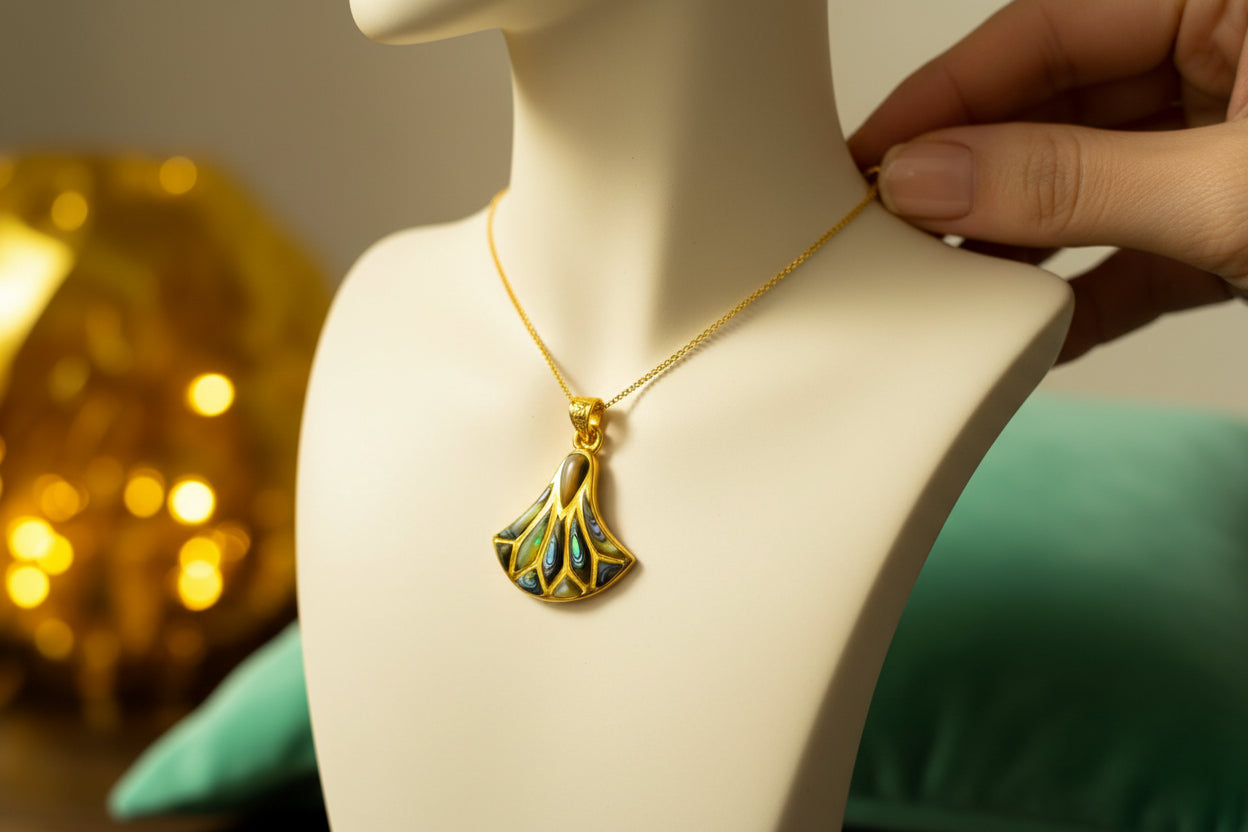 Gold Lotus Flower Abalone Pendant, Egyptian Lily Necklace