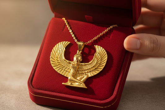 Gold Goddess Maat Pendant Necklace, Egyptian Revival Talisman