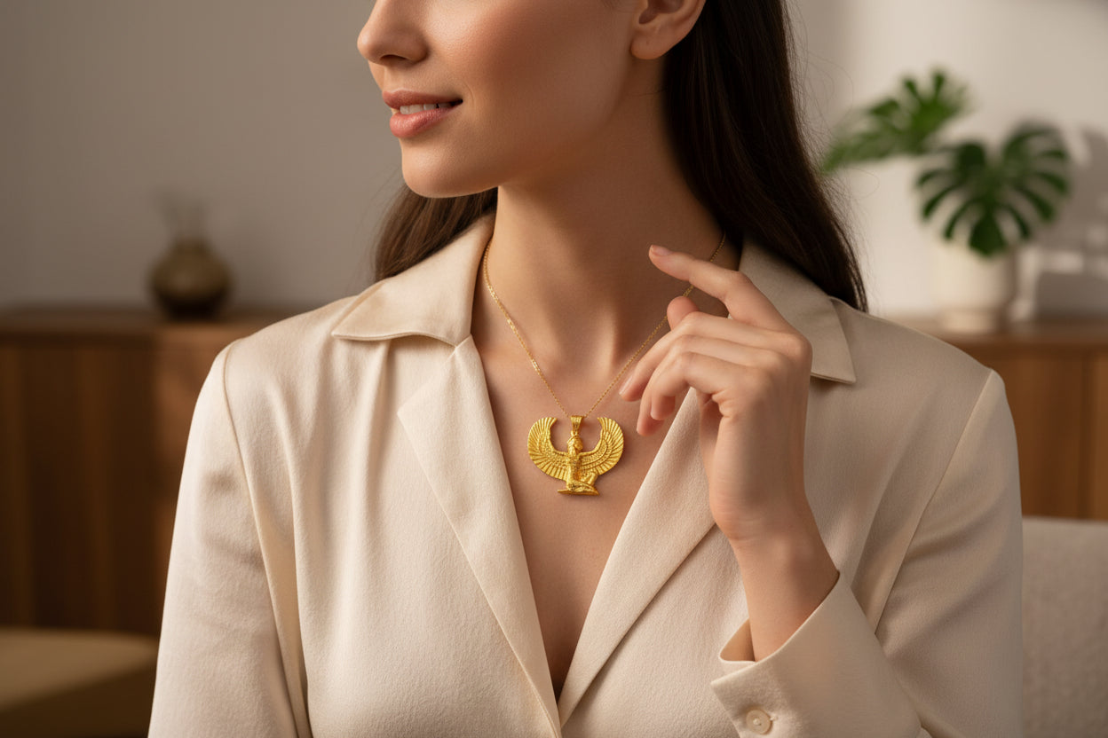 Gold Goddess Maat Pendant Necklace, Egyptian Revival Talisman