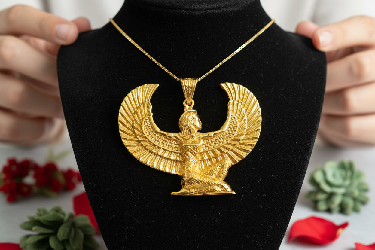 Gold Goddess Maat Pendant Necklace, Egyptian Revival Talisman
