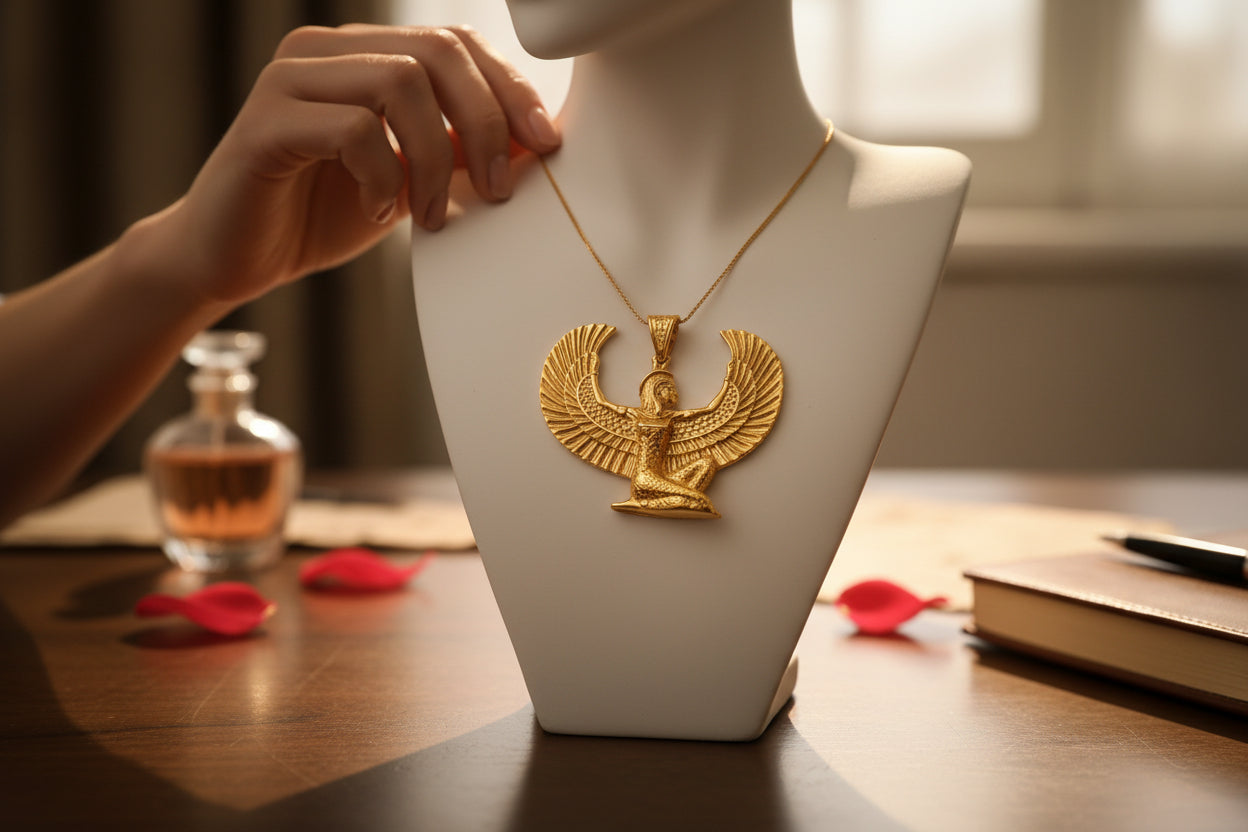 Gold Goddess Maat Pendant Necklace, Egyptian Revival Talisman