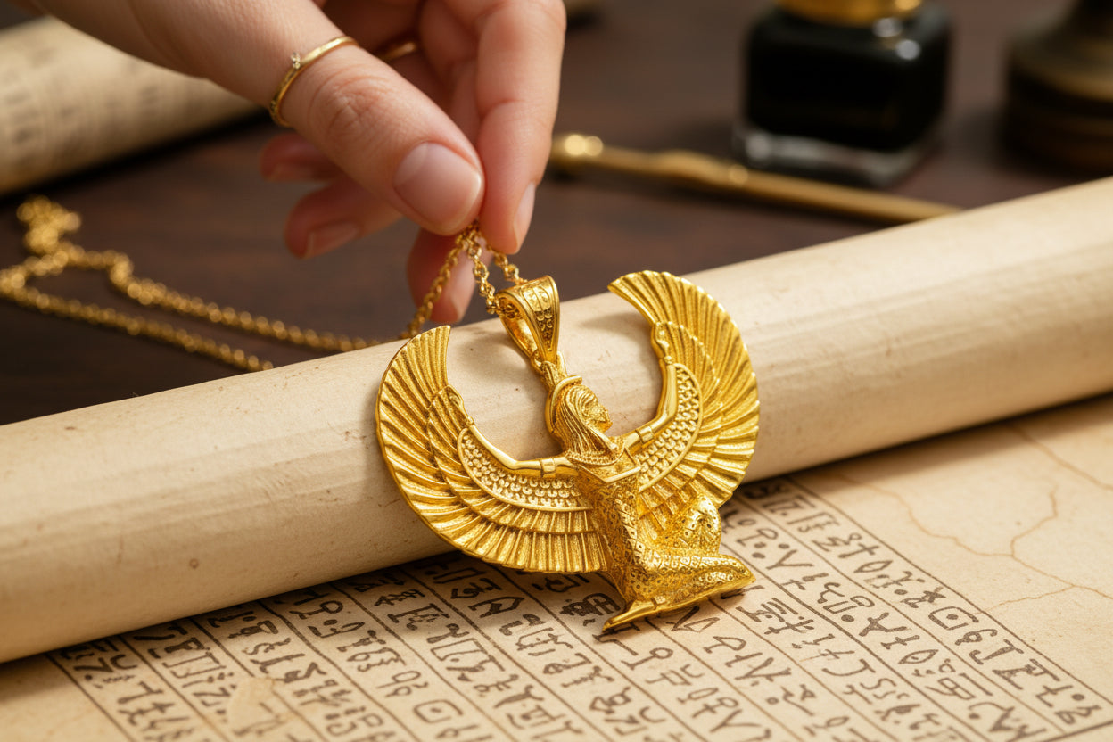 Gold Goddess Maat Pendant Necklace, Egyptian Revival Talisman