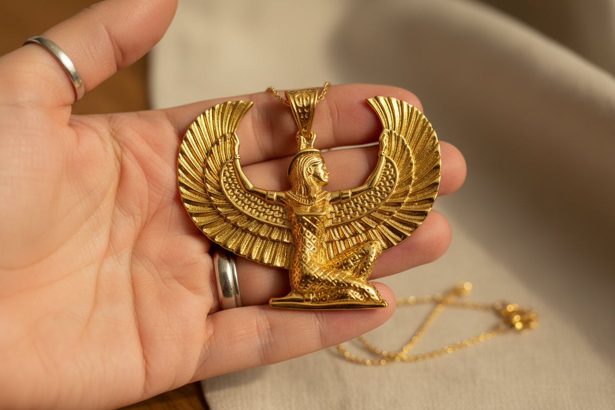 Gold Goddess Maat Pendant Necklace, Egyptian Revival Talisman