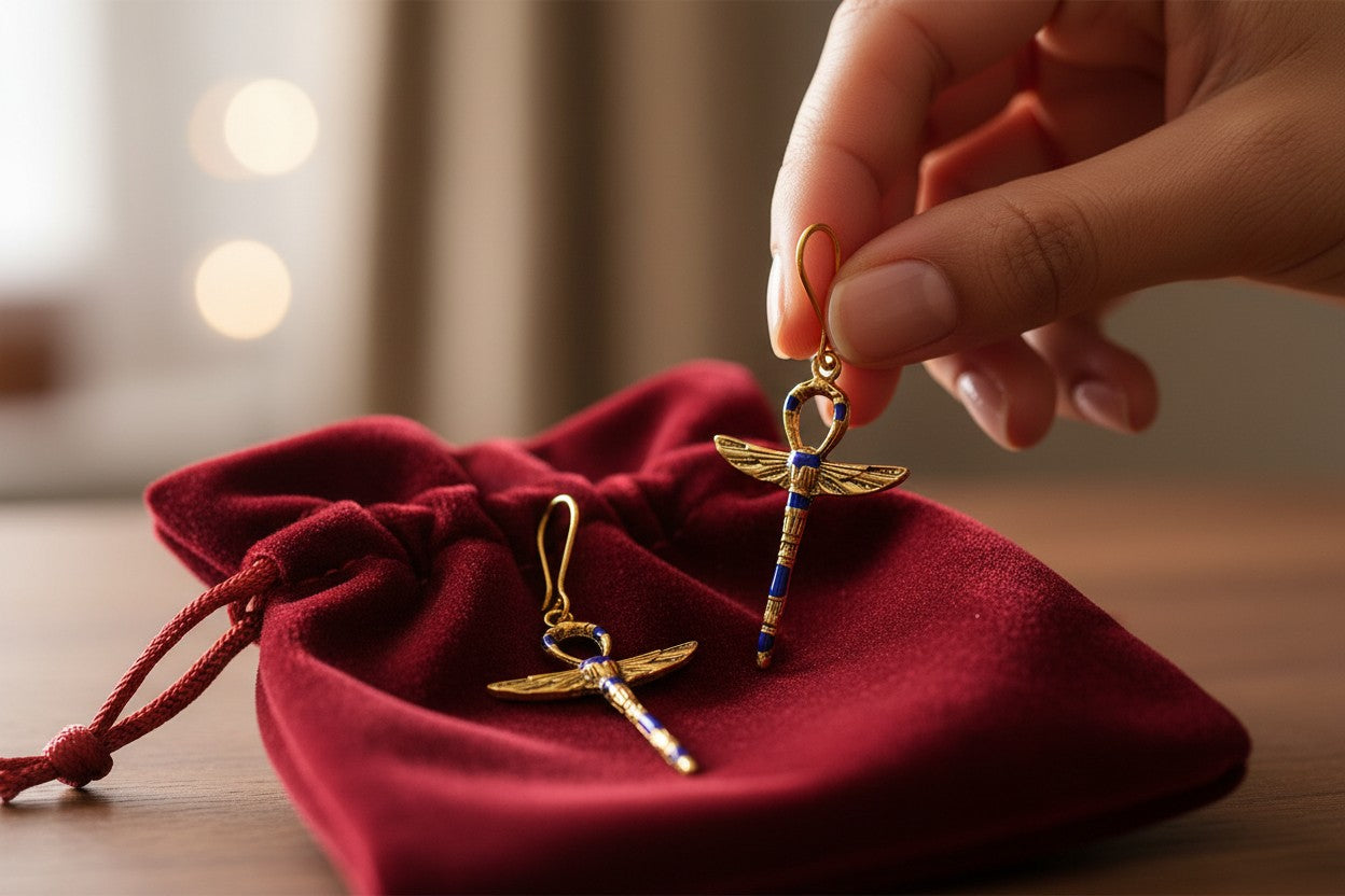 Gold Lapis Lazuli Ankh Earrings, Winged Key Of Life Jewelry, Ancient Egyptian Earrings, Spiritual Talisman Gift For Her Him