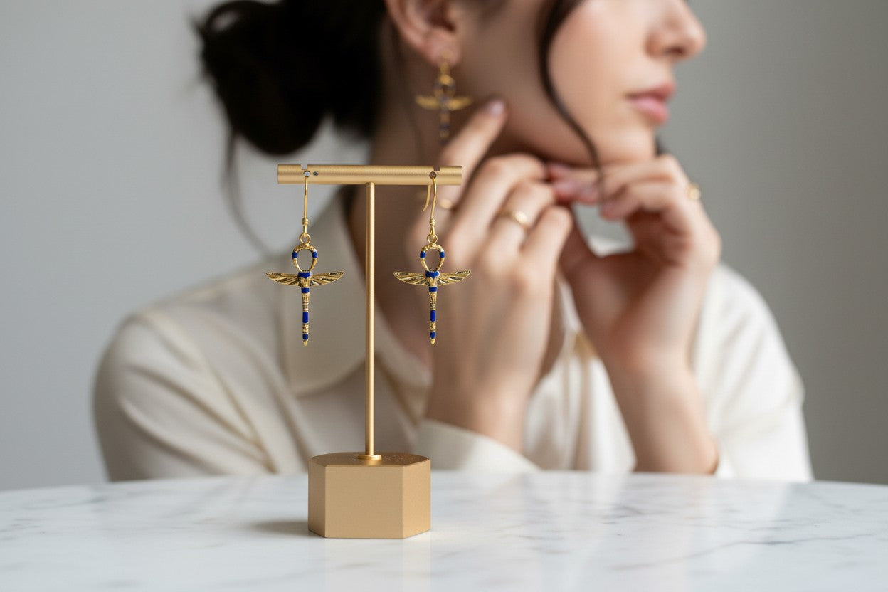 Gold Lapis Lazuli Ankh Earrings, Winged Key Of Life Jewelry, Ancient Egyptian Earrings, Spiritual Talisman Gift For Her Him