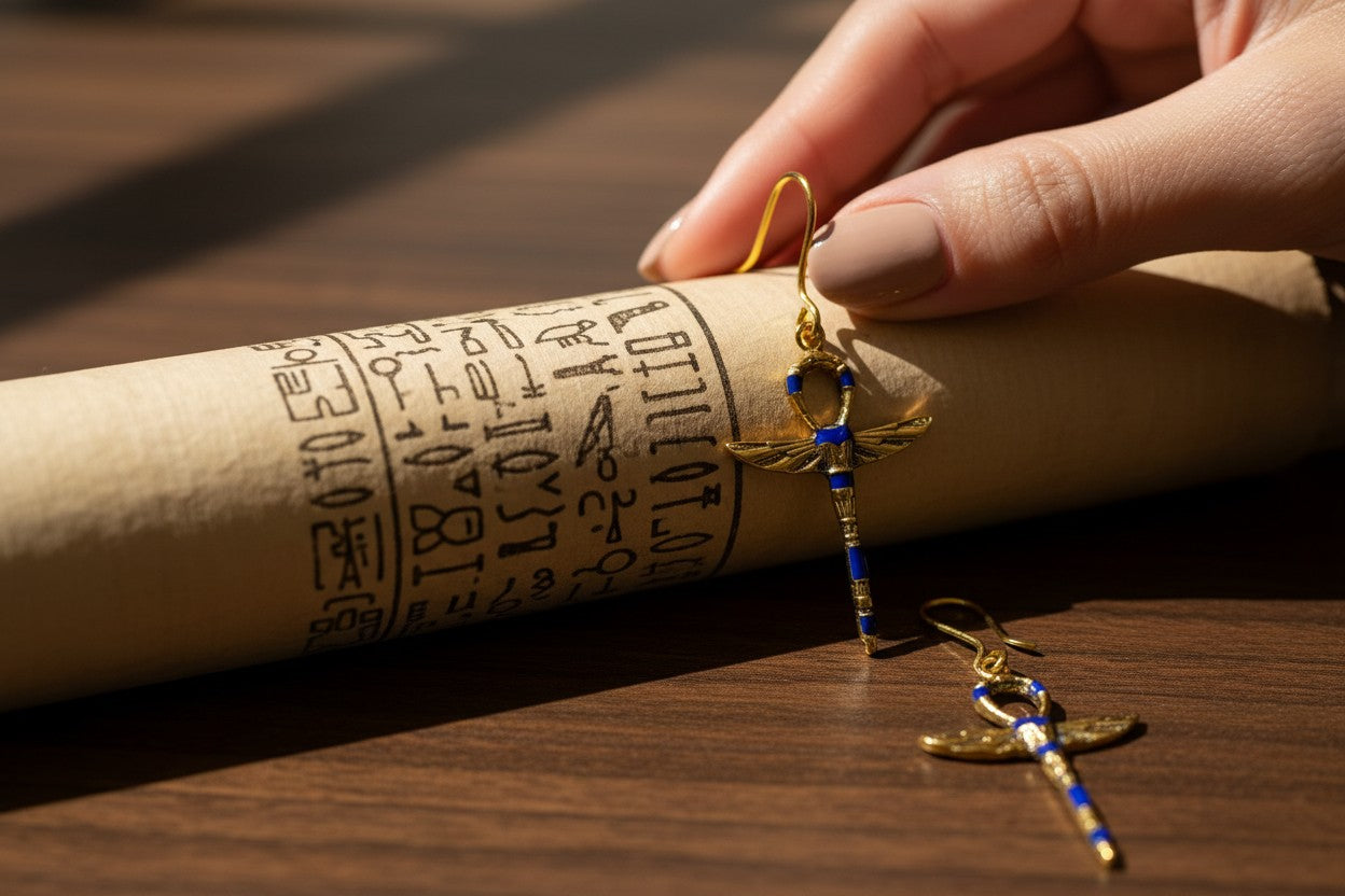 Gold Lapis Lazuli Ankh Earrings, Winged Key Of Life Jewelry, Ancient Egyptian Earrings, Spiritual Talisman Gift For Her Him