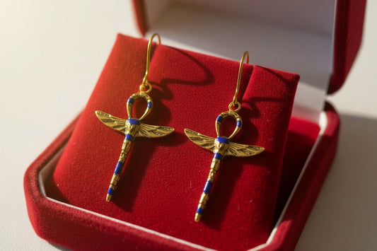 Gold Lapis Lazuli Ankh Earrings, Winged Key Of Life Jewelry, Ancient Egyptian Earrings, Spiritual Talisman Gift For Her Him