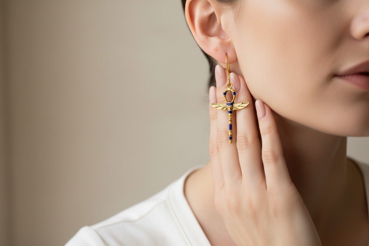 Gold Lapis Lazuli Ankh Earrings, Winged Key Of Life Jewelry, Ancient Egyptian Earrings, Spiritual Talisman Gift For Her Him