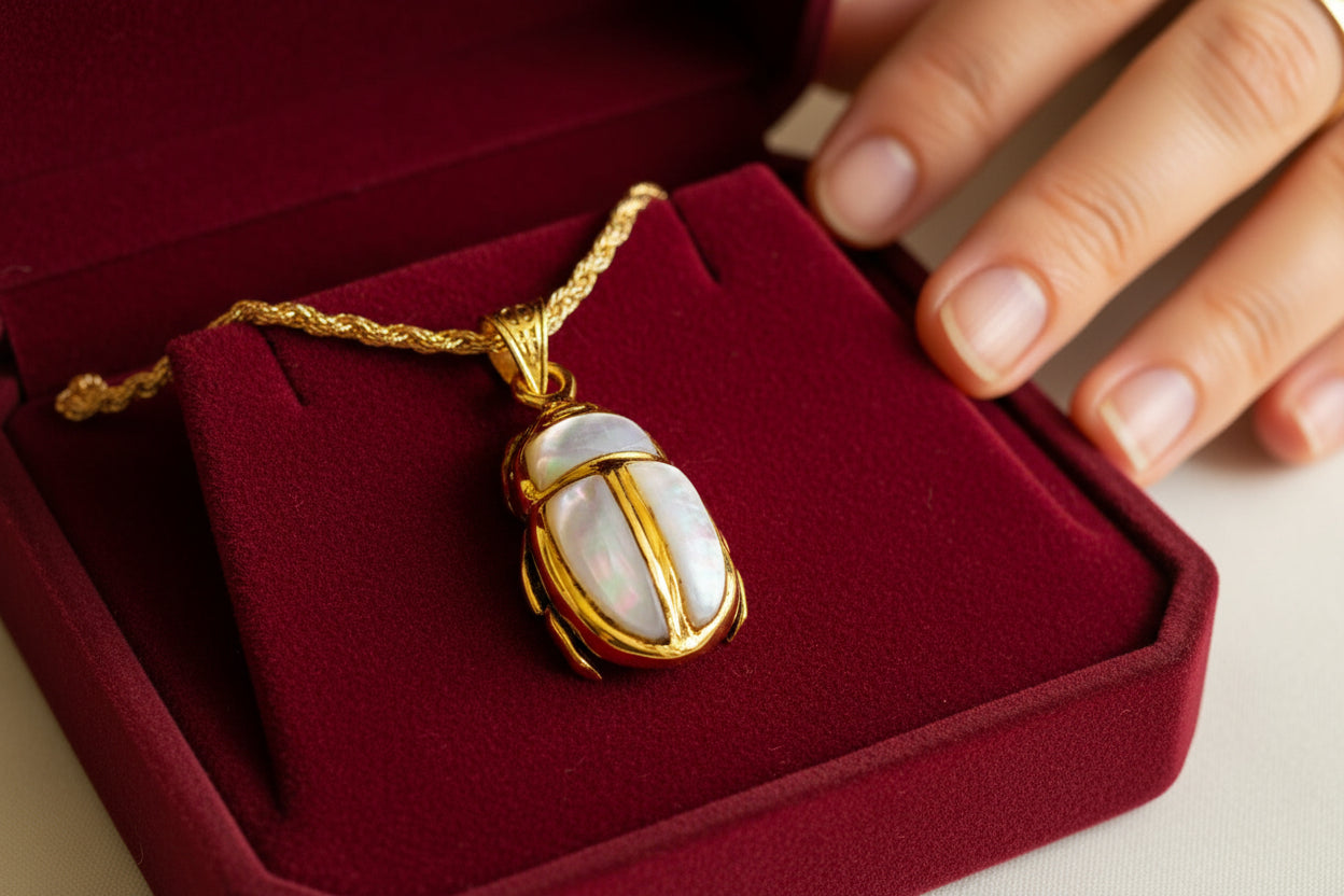 Gold Scarab Mother of Pearl Pendant, Egyptian Revival Necklace