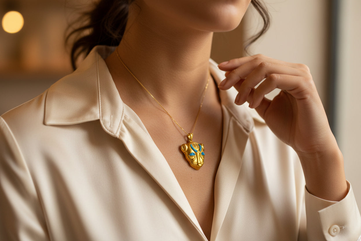 Gold Goddess Sekhmet Opal Pendant Necklace, Egyptian Jewelry