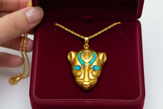 Gold Goddess Sekhmet Opal Pendant Necklace, Egyptian Jewelry