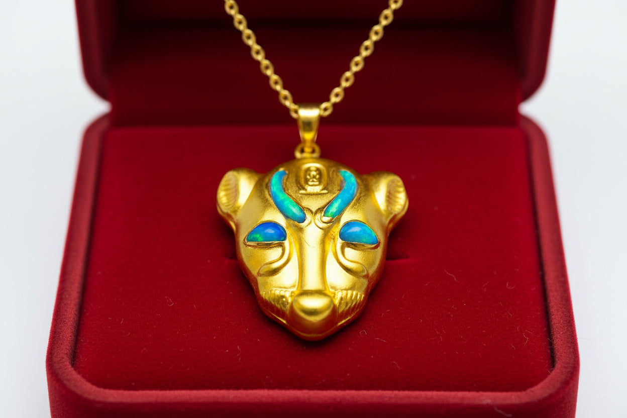 Gold Goddess Sekhmet Opal Pendant Necklace, Egyptian Jewelry