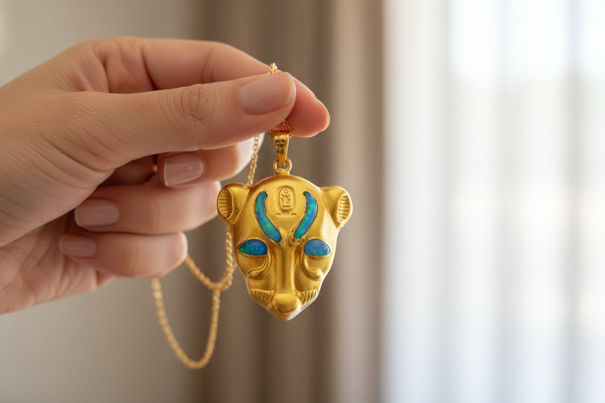 Gold Goddess Sekhmet Opal Pendant Necklace, Egyptian Jewelry