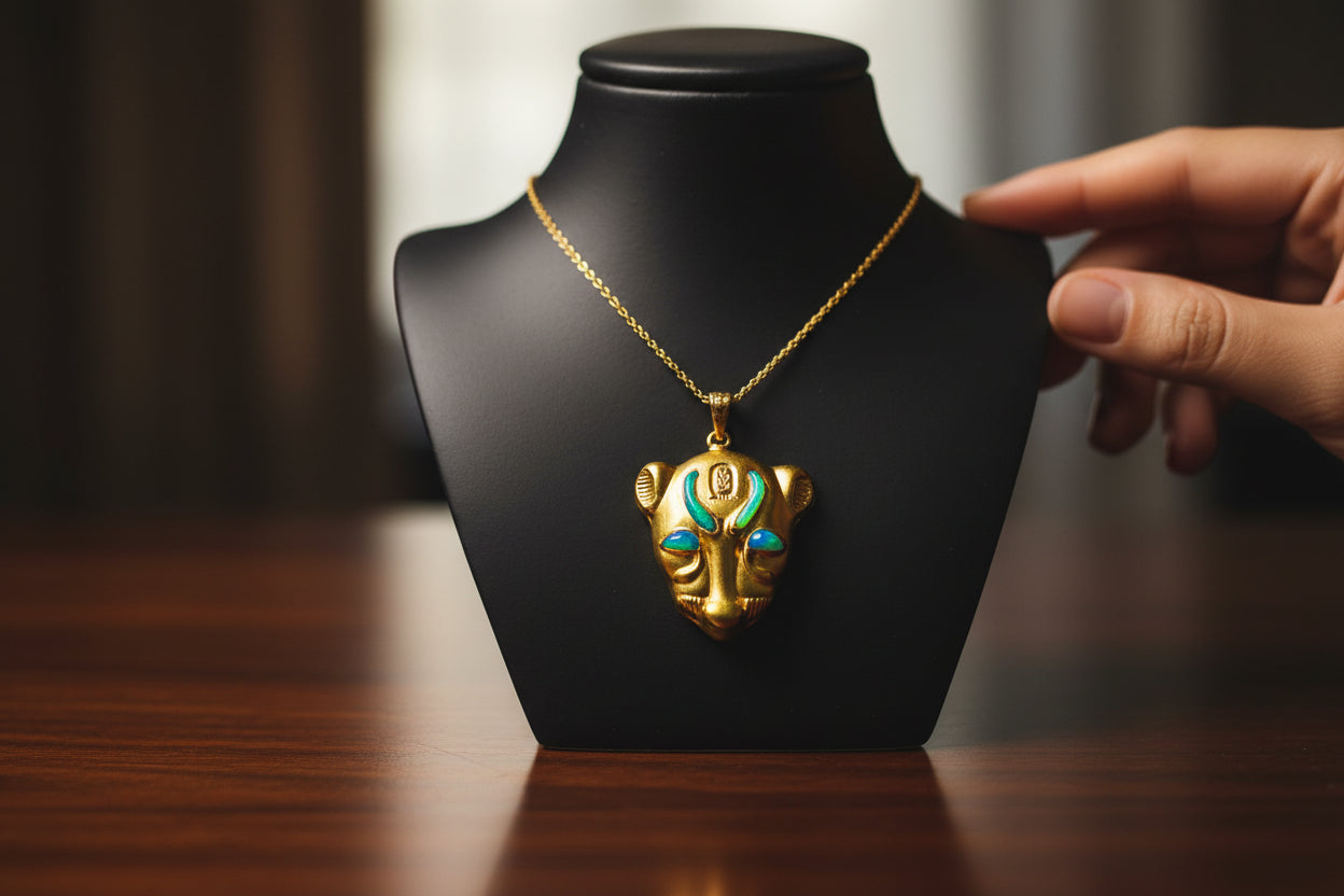Gold Goddess Sekhmet Opal Pendant Necklace, Egyptian Jewelry