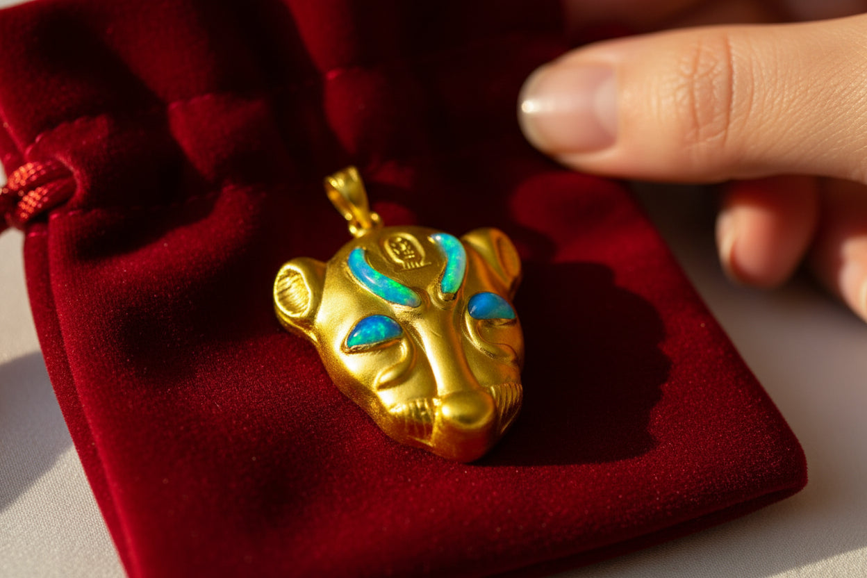 Gold Goddess Sekhmet Opal Pendant Necklace, Egyptian Jewelry
