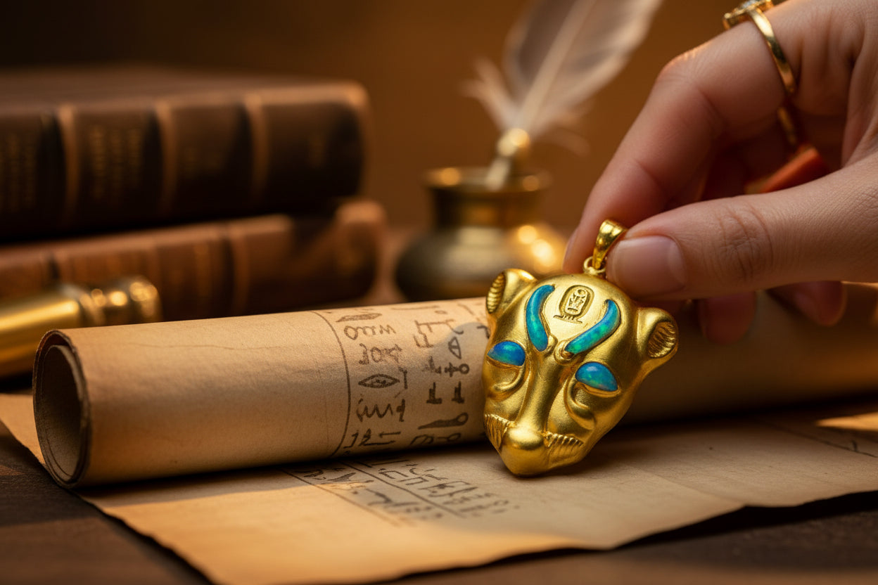 Gold Goddess Sekhmet Opal Pendant Necklace, Egyptian Jewelry