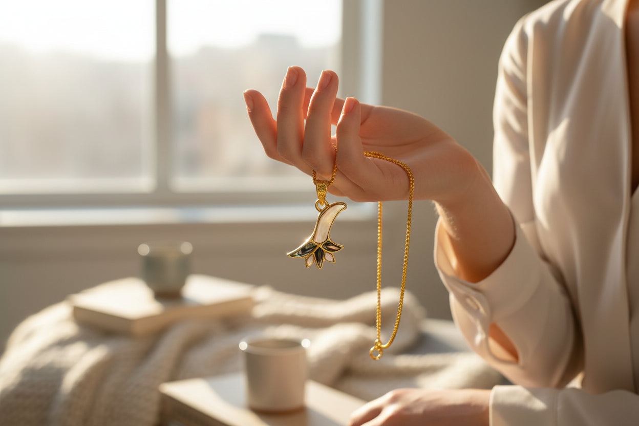 Gold Lotus Flower Abalone Necklace, Egyptian Talisman Pendant