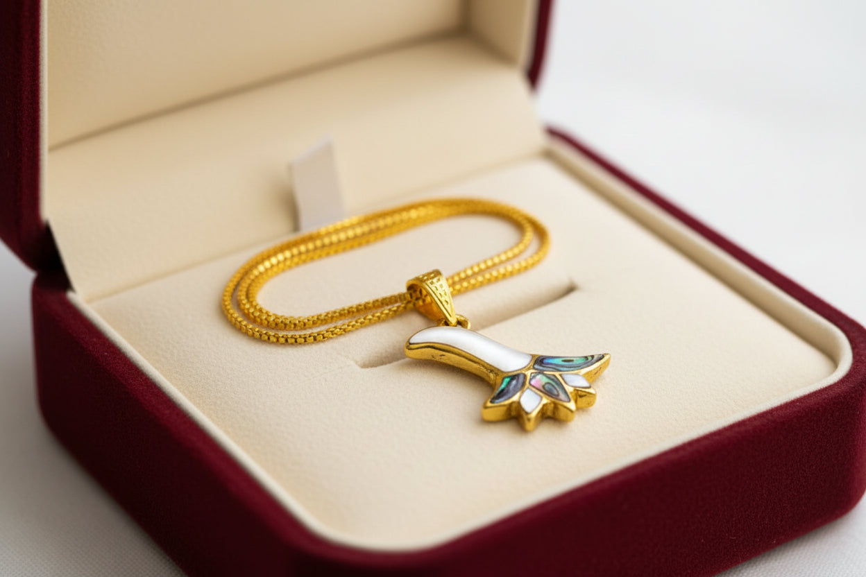 Gold Lotus Flower Abalone Necklace, Egyptian Talisman Pendant