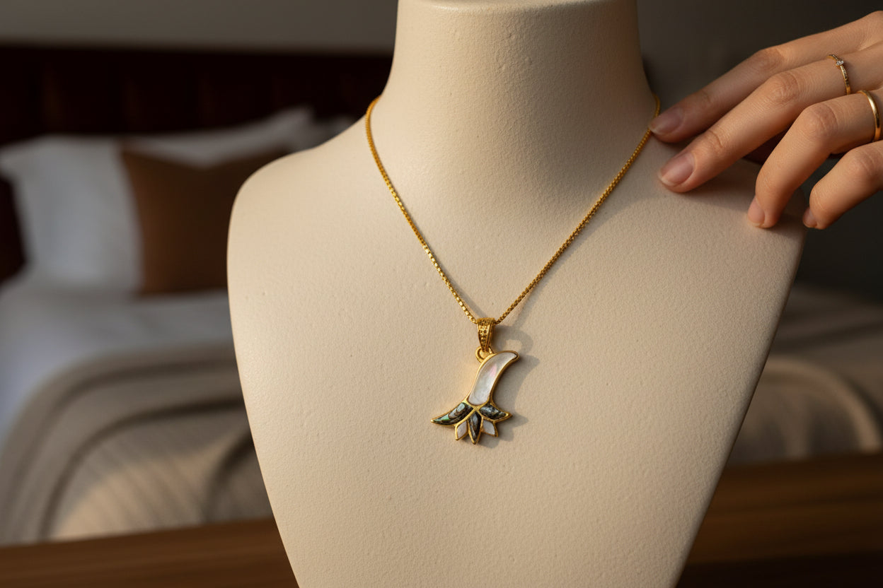 Gold Lotus Flower Abalone Necklace, Egyptian Talisman Pendant