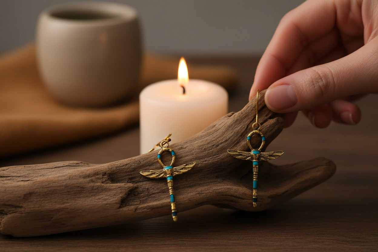 Gold Turquoise Winged Ankh Earrings, Egyptian Key of Life, Boho Spiritual Jewelry