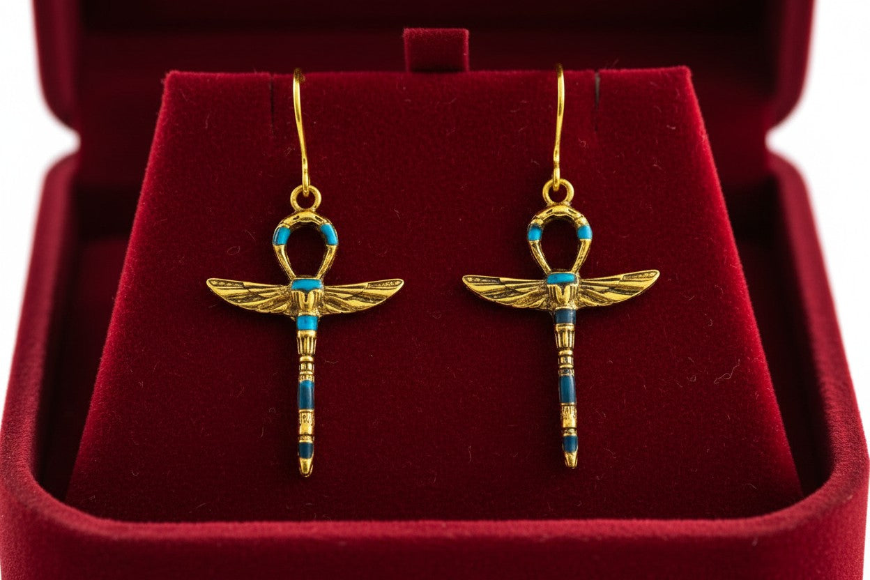 Gold Turquoise Winged Ankh Earrings, Egyptian Key of Life, Boho Spiritual Jewelry