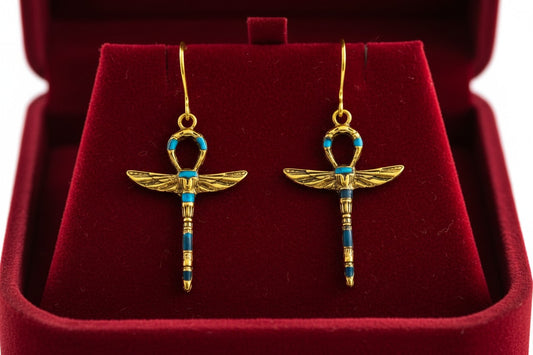 Gold Turquoise Winged Ankh Earrings, Egyptian Key of Life, Boho Spiritual Jewelry