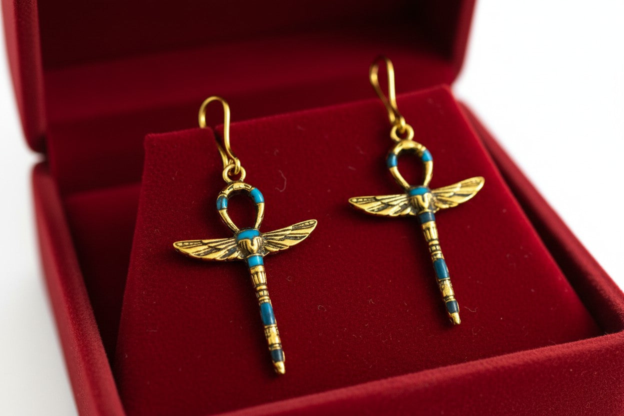 Gold Turquoise Winged Ankh Earrings, Egyptian Key of Life, Boho Spiritual Jewelry