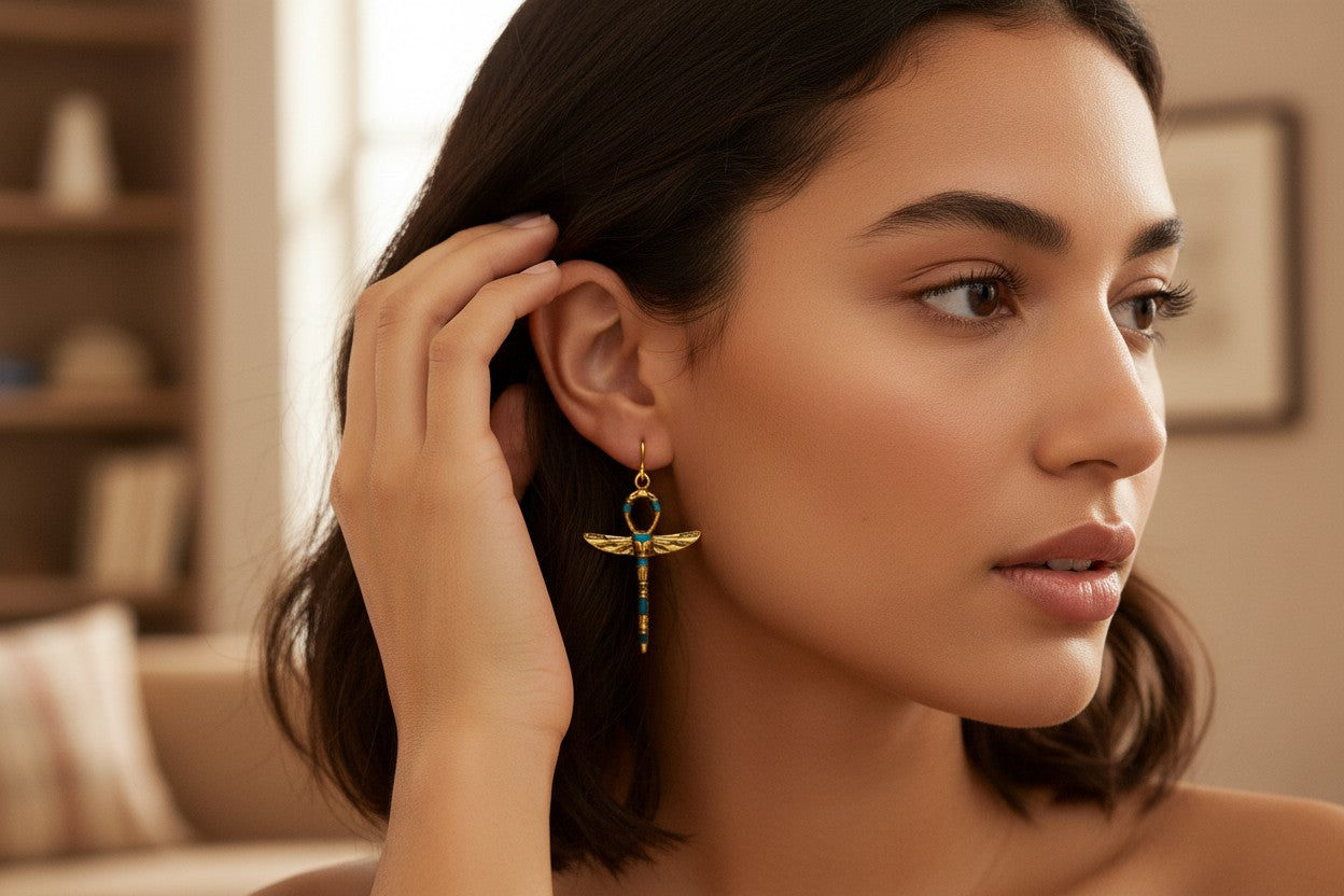 Gold Turquoise Winged Ankh Earrings, Egyptian Key of Life, Boho Spiritual Jewelry