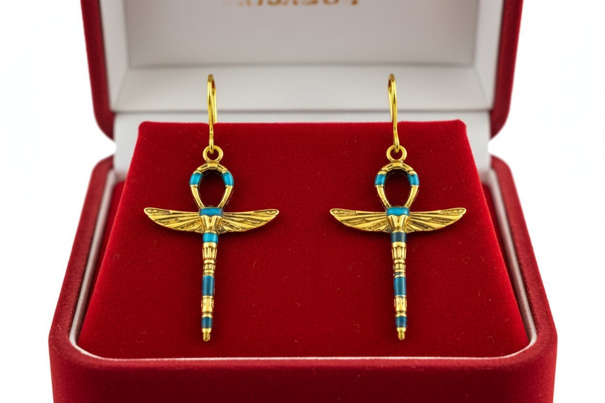 Gold Turquoise Winged Ankh Earrings, Egyptian Key of Life, Boho Spiritual Jewelry