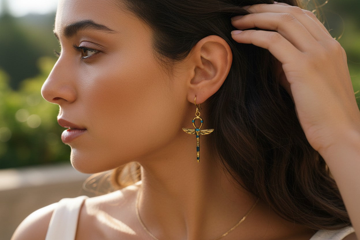 Gold Turquoise Winged Ankh Earrings, Egyptian Key of Life, Boho Spiritual Jewelry