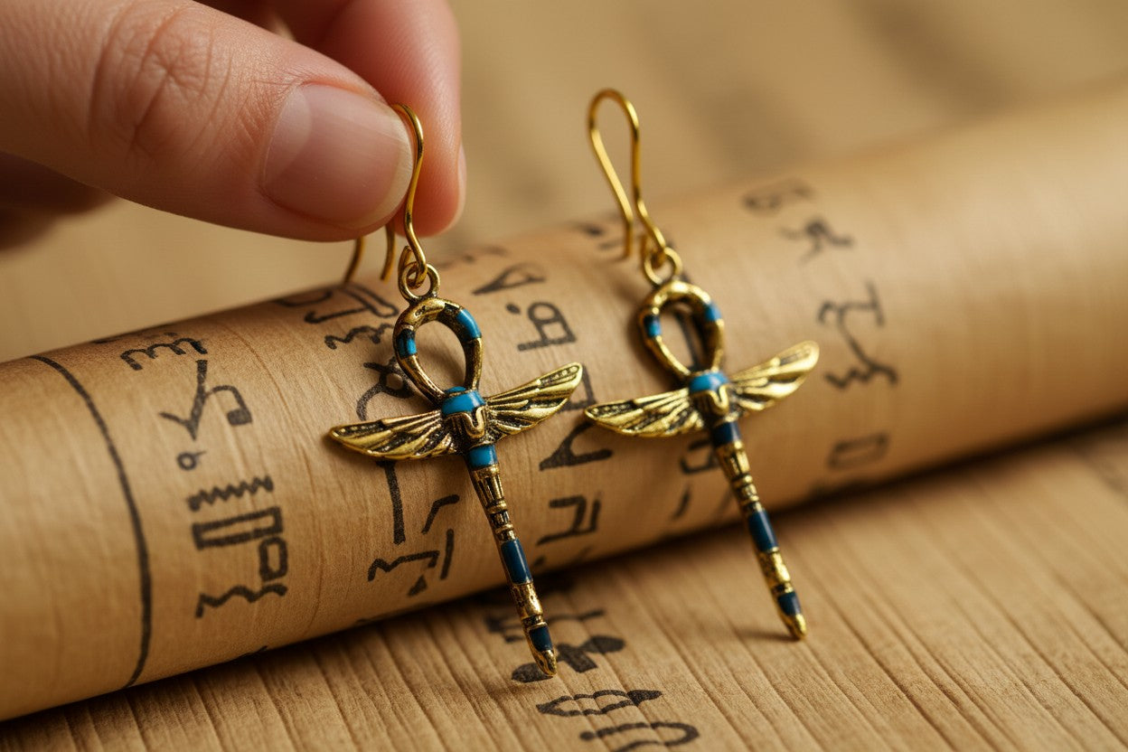 Gold Turquoise Winged Ankh Earrings, Egyptian Key of Life, Boho Spiritual Jewelry