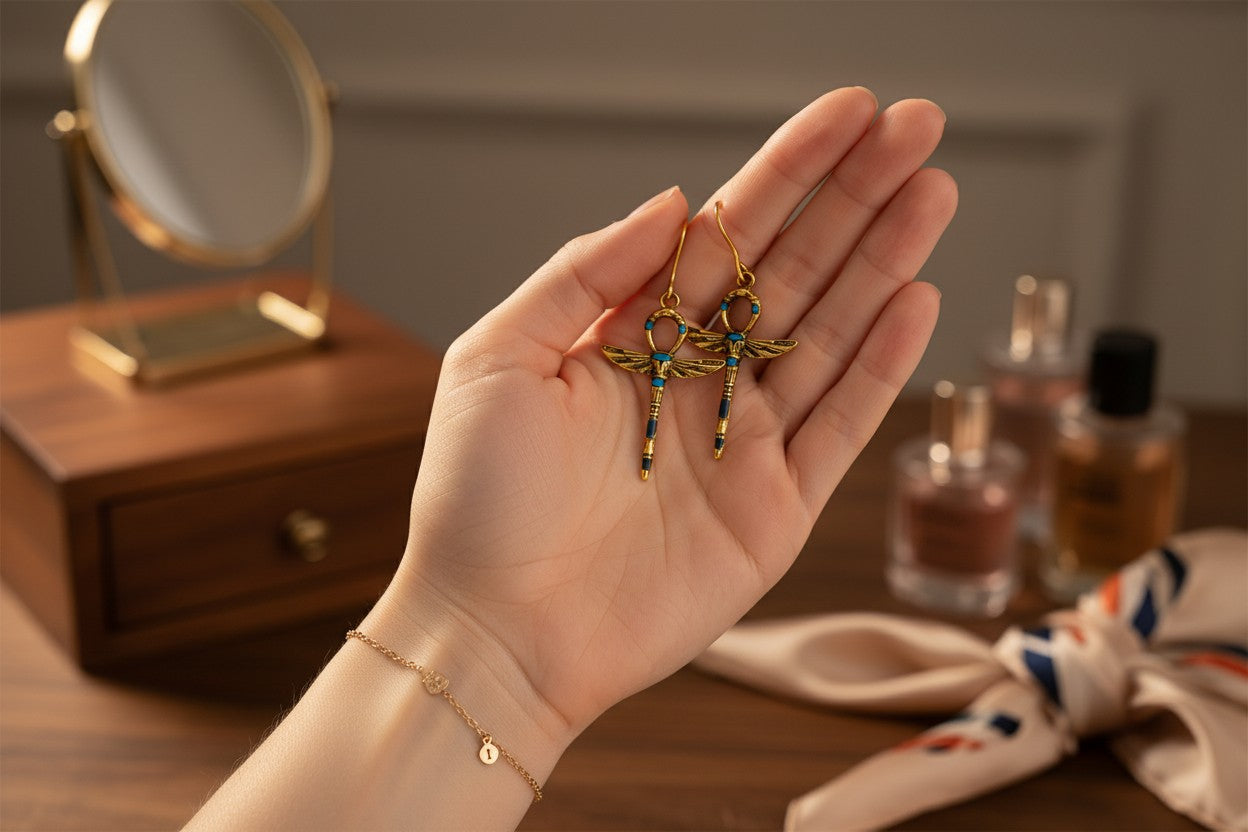 Gold Turquoise Winged Ankh Earrings, Egyptian Key of Life, Boho Spiritual Jewelry