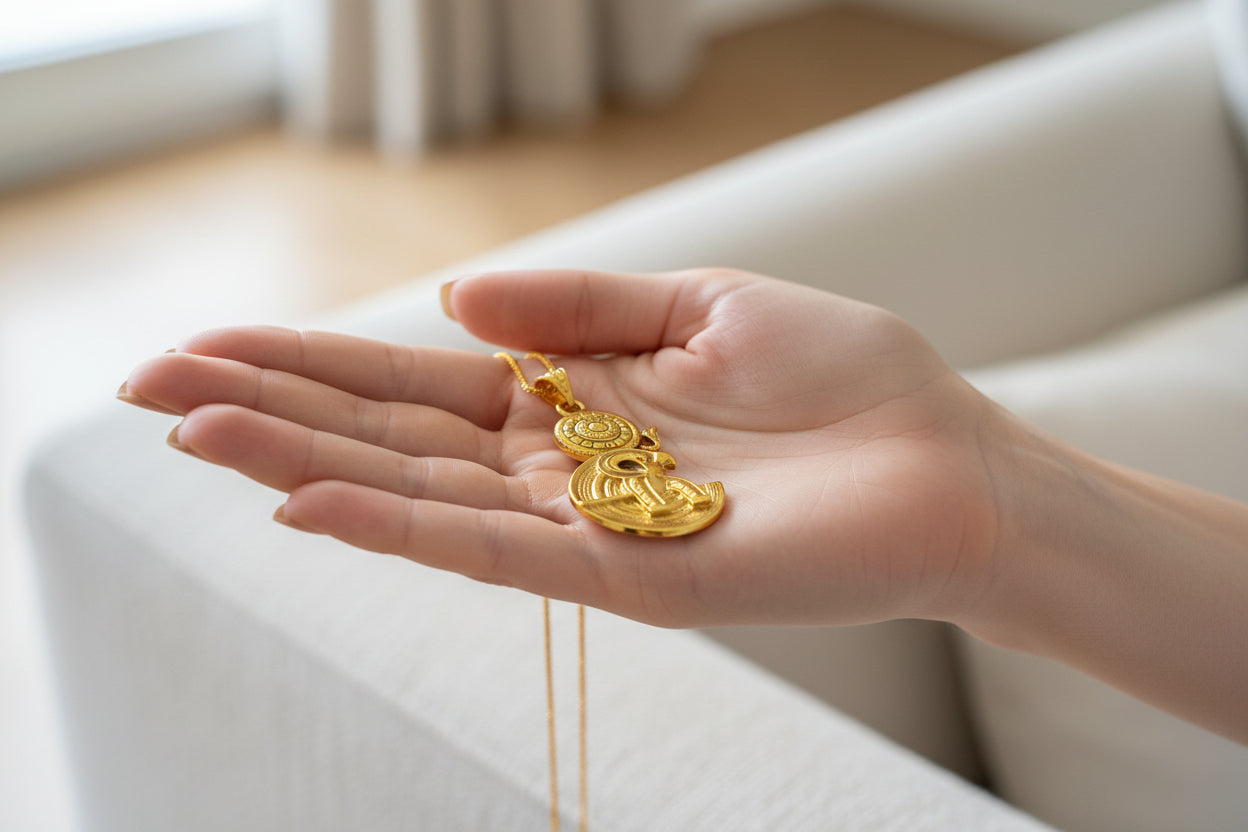 Gold God Horus Pendant, Egyptian Revival Necklace