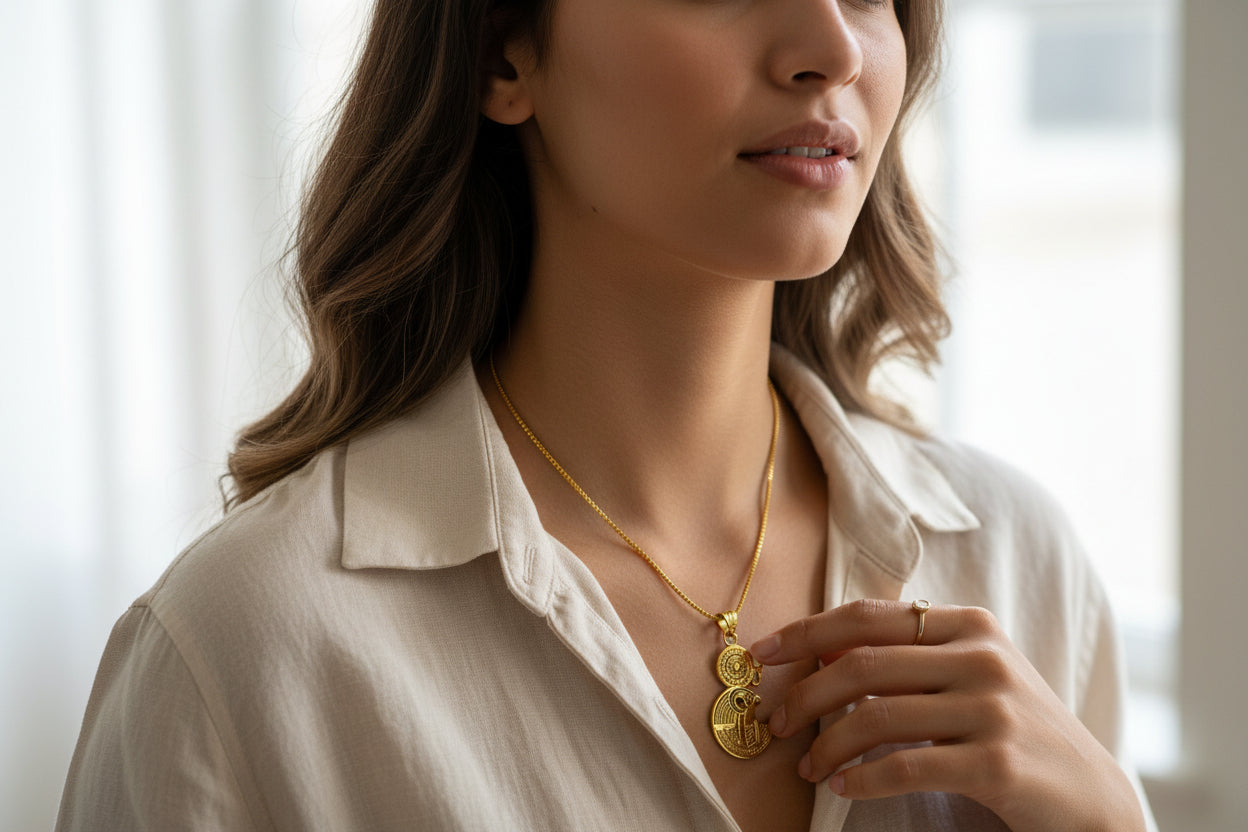 Gold God Horus Pendant, Egyptian Revival Necklace
