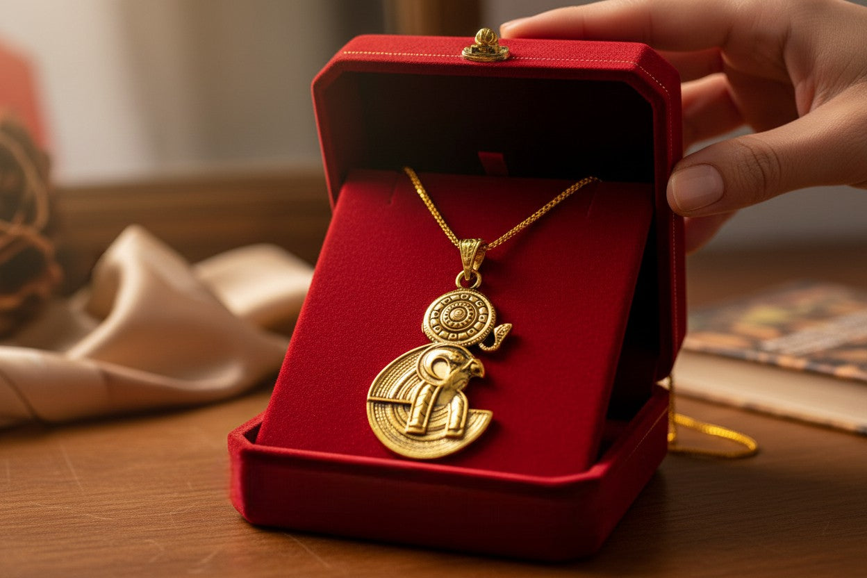 Gold God Horus Pendant, Egyptian Revival Necklace