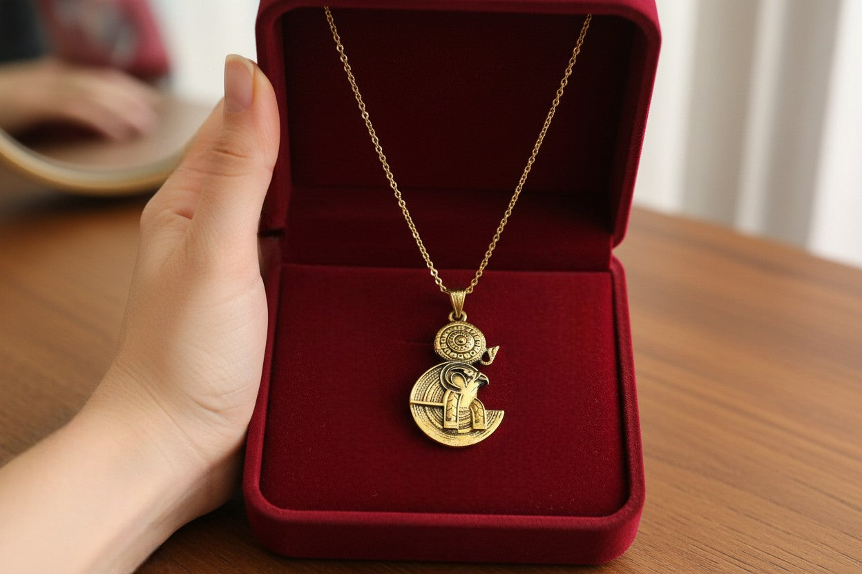 Gold God Horus Pendant, Egyptian Revival Necklace