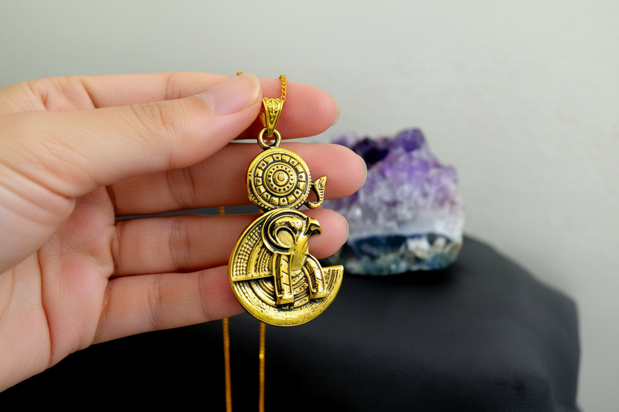 Gold God Horus Pendant, Egyptian Revival Necklace