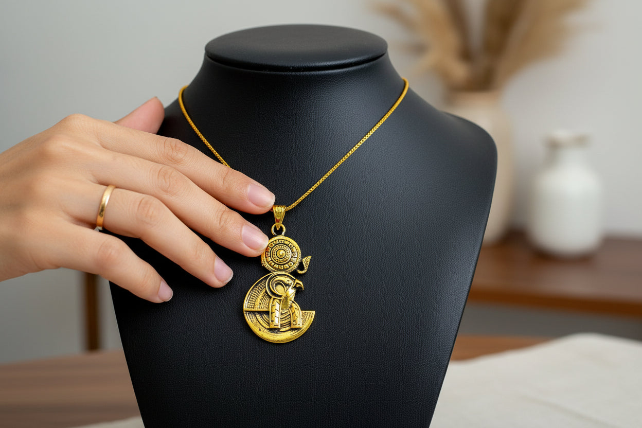 Gold God Horus Pendant, Egyptian Revival Necklace