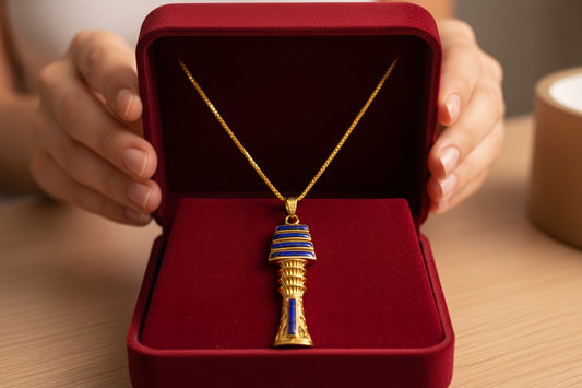 Gold Lapis Lazuli Djed Pillar Pendant, Egyptian Talisman Necklace