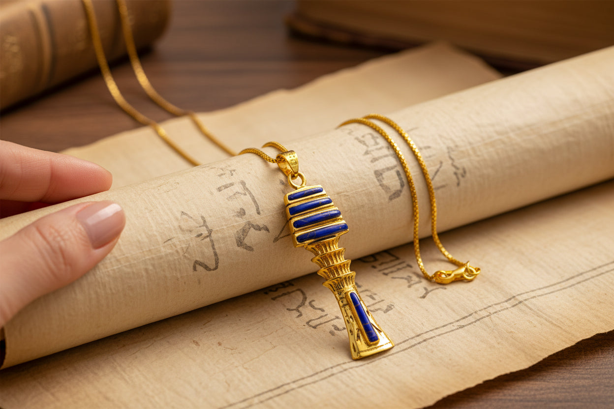 Gold Lapis Lazuli Djed Pillar Pendant, Egyptian Talisman Necklace