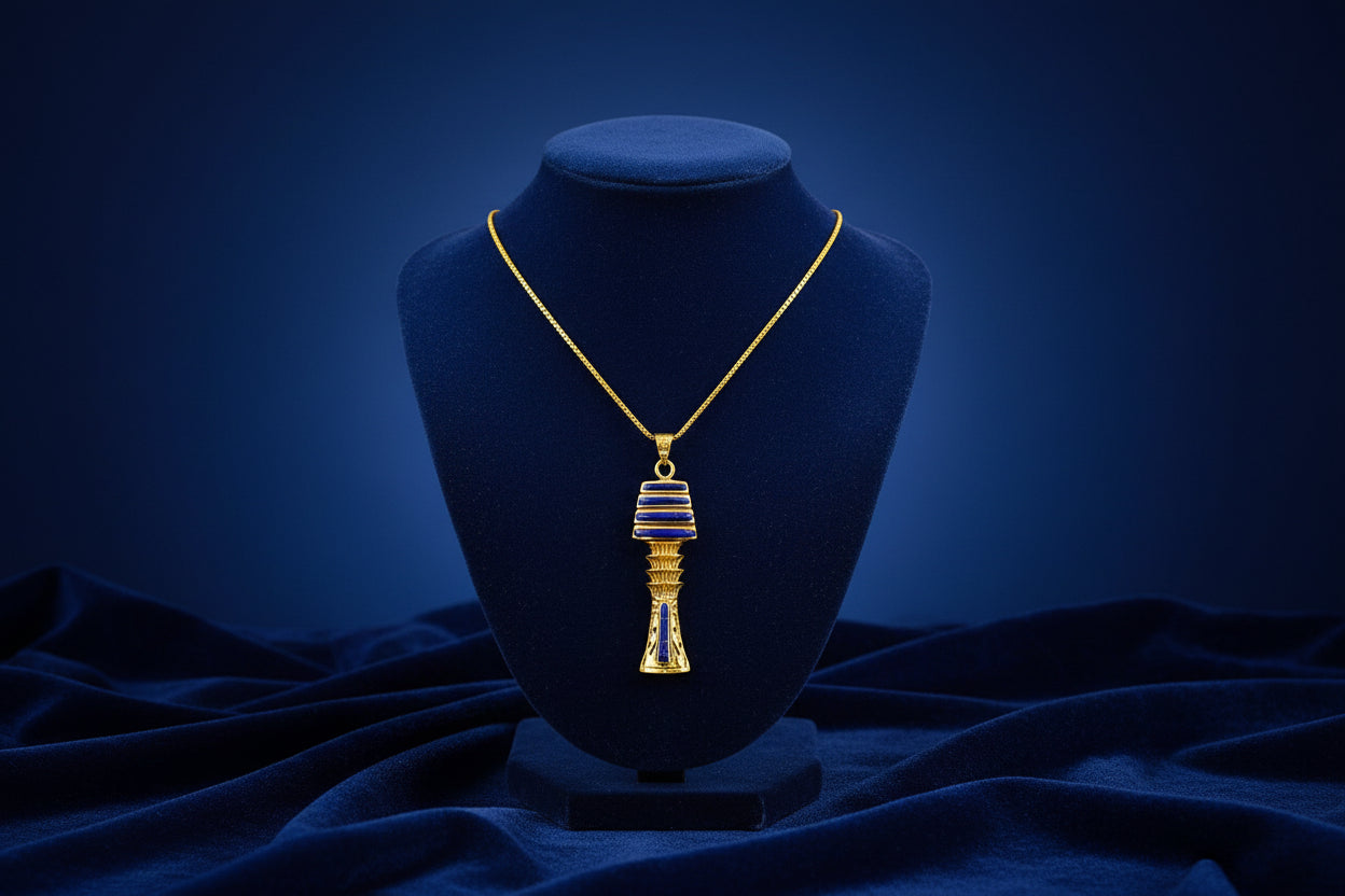Gold Lapis Lazuli Djed Pillar Pendant, Egyptian Talisman Necklace