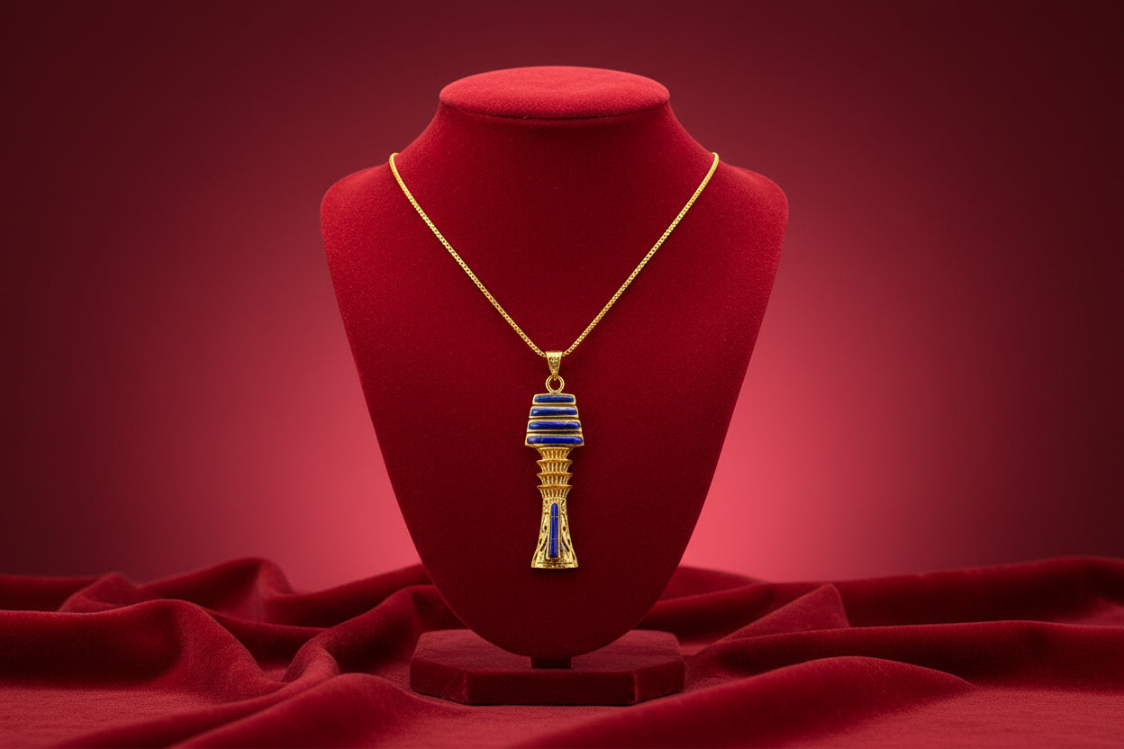 Gold Lapis Lazuli Djed Pillar Pendant, Egyptian Talisman Necklace