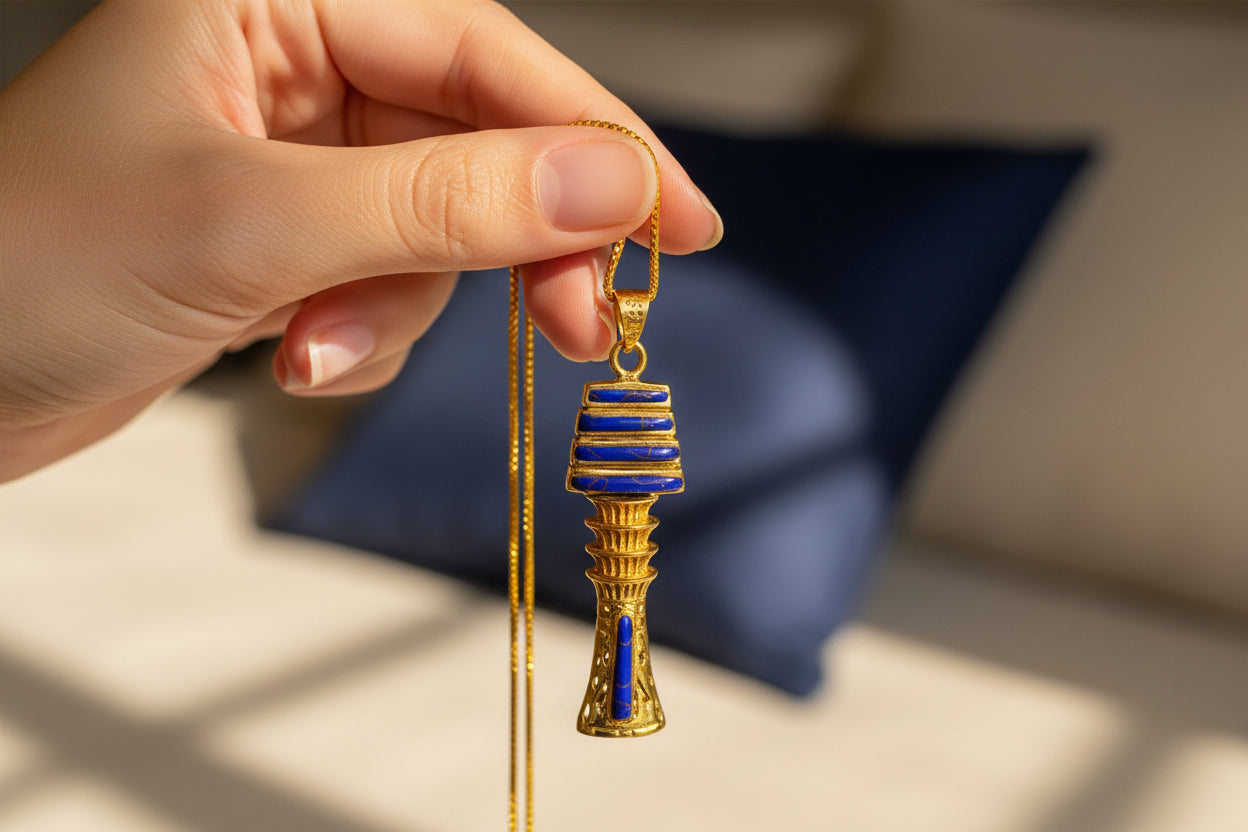Gold Lapis Lazuli Djed Pillar Pendant, Egyptian Talisman Necklace