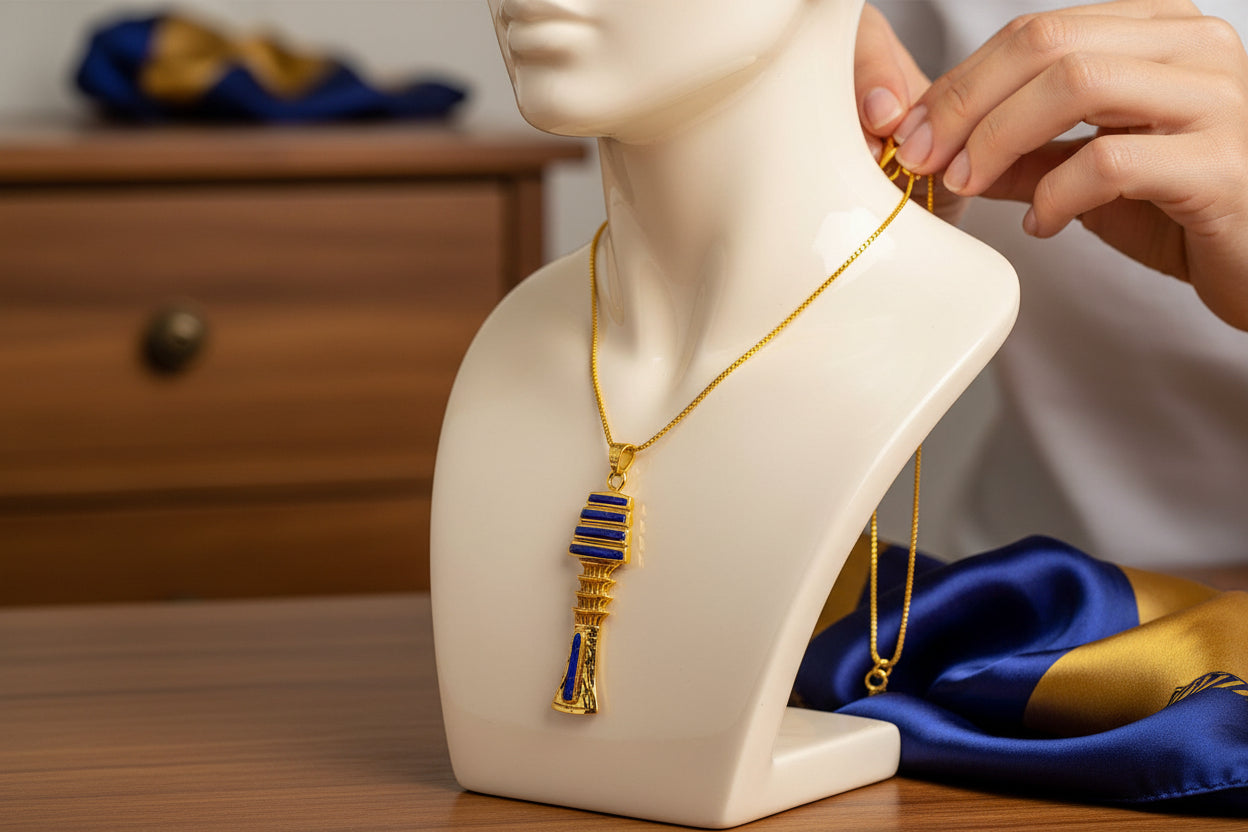 Gold Lapis Lazuli Djed Pillar Pendant, Egyptian Talisman Necklace