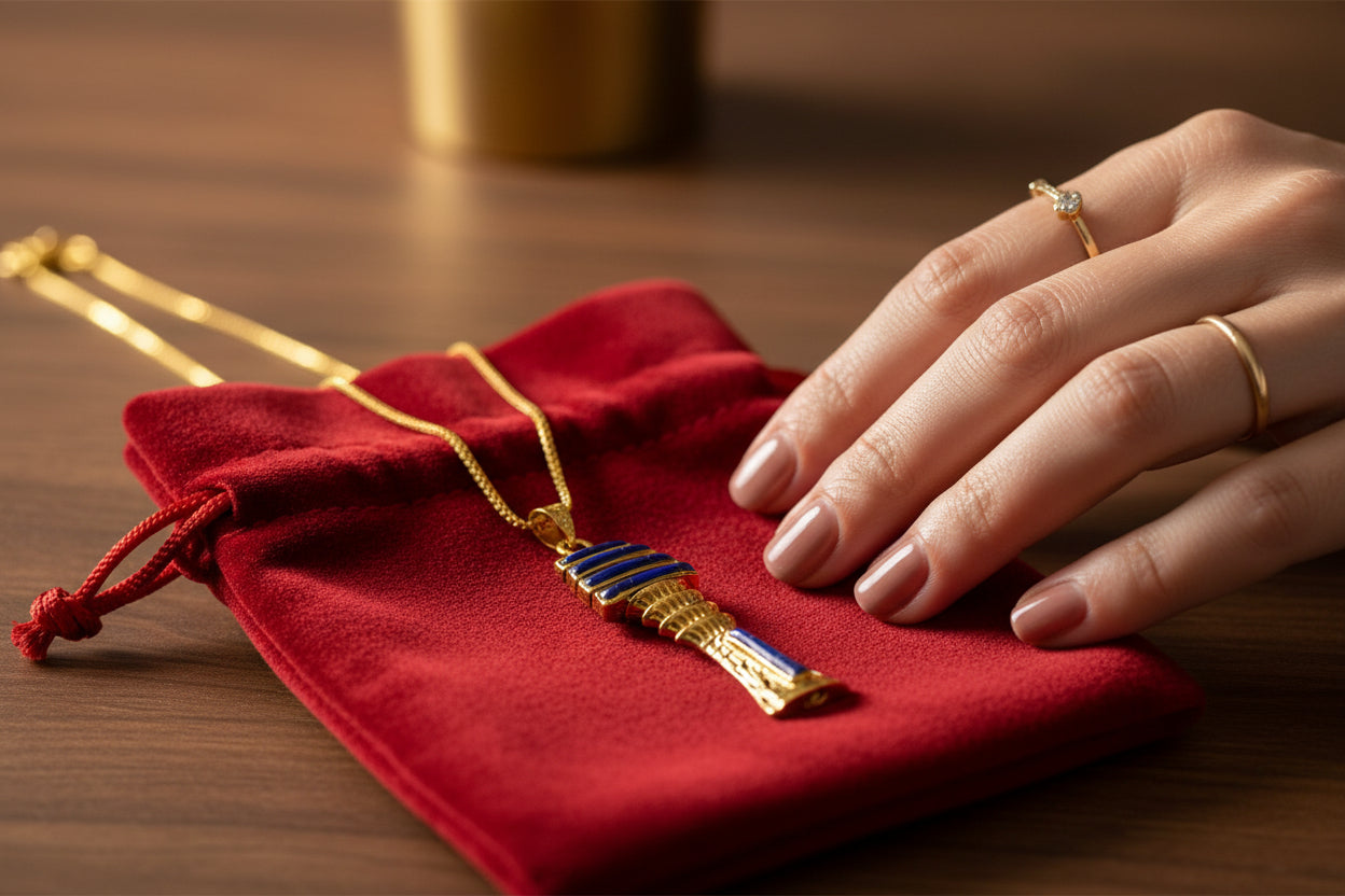 Gold Lapis Lazuli Djed Pillar Pendant, Egyptian Talisman Necklace
